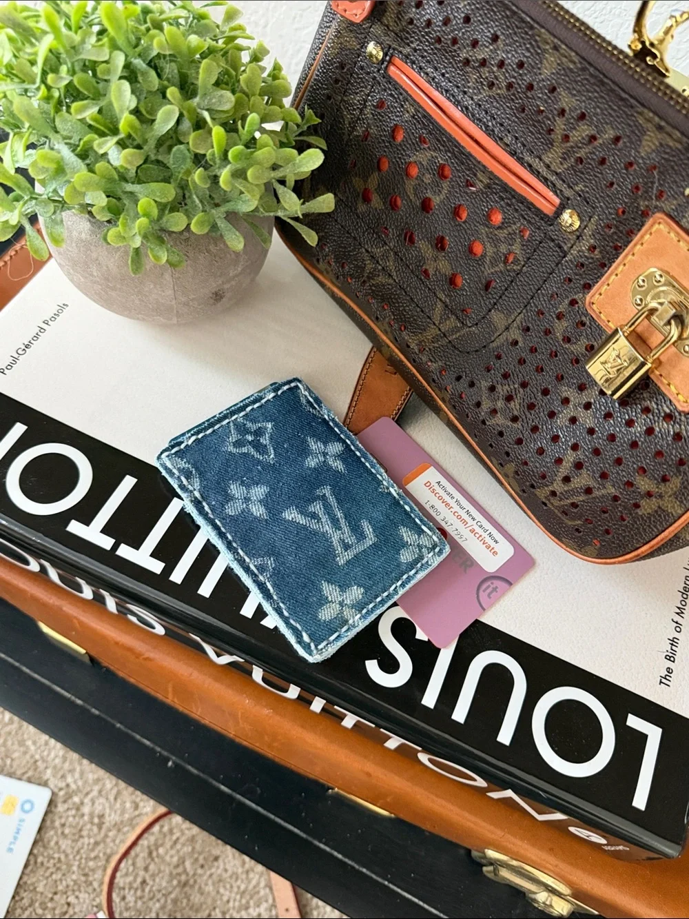 Upcycled Louis Vuitton Denim Monogram /leather Card Sleeve in Blue and White